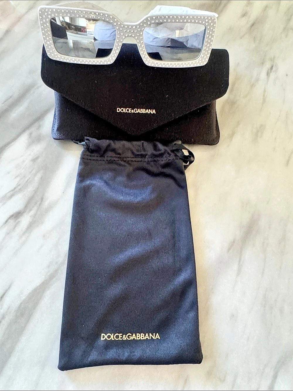 Dolce&Gabbana Crystal-Embellished Sunglasses in Silver & Black Like New